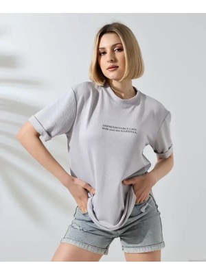 Mary Store  Bisiklet Yaka Baskılı Slim Fit T-Shirt - Boyalı Gri