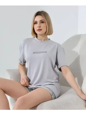 Mary Store  Bisiklet Yaka Baskılı Slim Fit T-Shirt - Boyalı Gri