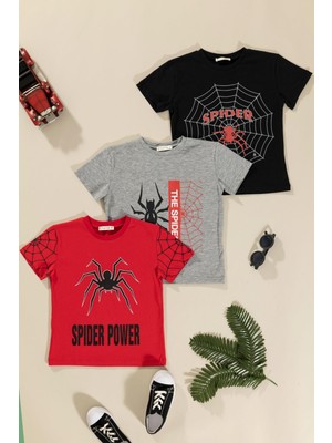 For You Kids 3'lü Spider Baskılı Siyah Kırmızı Gri Tshirt