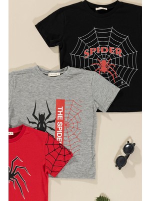 For You Kids 3'lü Spider Baskılı Siyah Kırmızı Gri Tshirt