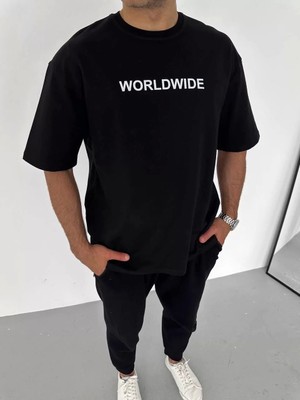 Smg Butik Unisex Bisiklet Yaka Baskılı Oversize T-Shirt - Siyah