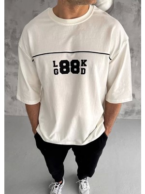 Smg Butik Unisex Bisiklet Yaka Baskılı Oversize T-Shirt - Beyaz