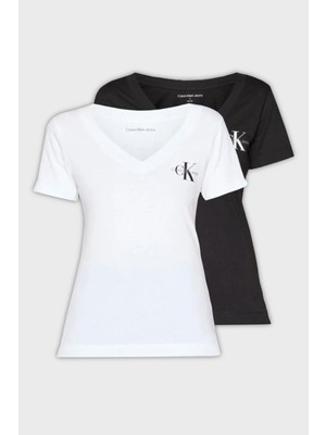 Calvin Klein Logolu Pamuklu V Yaka Relaxed Fit 2 Pack T Shirt J20J223447BEH Kadın T Shirt J20J223447 Beh