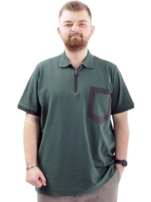 Superxl Büyük Beden Erkek T-Shirt Fermuarlı Polo Yaka Cepli U24325 Nefti