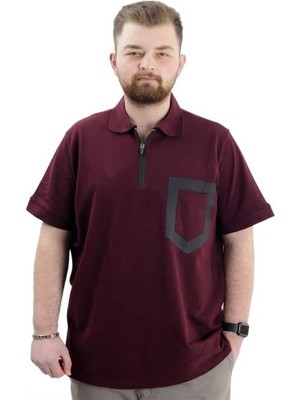 Superxl Büyük Beden Erkek T-Shirt Fermuarlı Polo Yaka Cepli U24325 Mürdüm