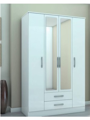 Aden Home 4 Kapaklı Aynalı Gardırop, %100 Mdf Beyaz Gardırop, Elbise Dolabı, Kapaklı Çekmeceli Beyaz Gardırop