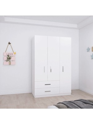 Aden Home 3 Kapaklı Gardırop, %100 Mdf Beyaz Gardırop, Elbise Dolabı, Kapaklı Çekmeceli Beyaz Gardırop