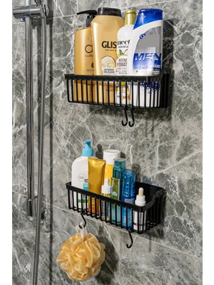 Safestore Yapışkanlı Banyo Rafı 2'li Banyo Düzenleyici Duş Rafı Kanca Askılı Organizer Şampuanlık Plastik