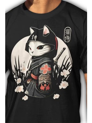 Köstebek Siyah Samurai Cat Unisex T-Shirt