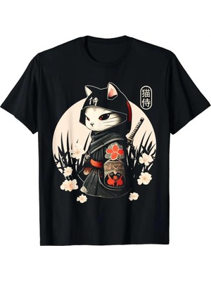 Köstebek Siyah Samurai Cat Unisex T-Shirt