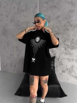 Smg Butik Unisex Bisiklet Yaka Baskılı Oversize T-Shirt - Siyah