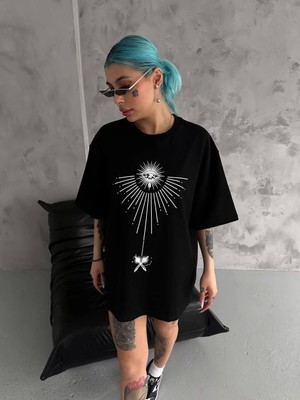 Smg Butik Unisex Bisiklet Yaka Baskılı Oversize T-Shirt - Siyah