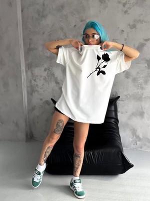 Smg Butik Unisex Bisiklet Yaka Baskılı Oversize T-Shirt - Beyaz