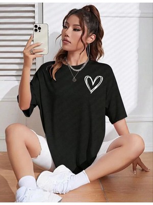 Smg Butik Kadın Bisiklet Yaka Baskılı Oversize T-Shirt - Siyah