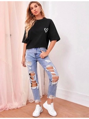 Smg Butik Kadın Bisiklet Yaka Baskılı Oversize T-Shirt - Siyah