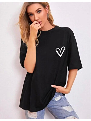 Smg Butik Kadın Bisiklet Yaka Baskılı Oversize T-Shirt - Siyah