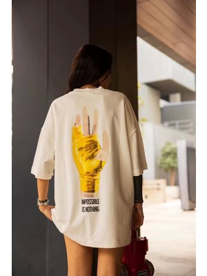 Smg Butik Unisex Bisiklet Yaka Baskılı Oversize T-Shirt - Beyaz