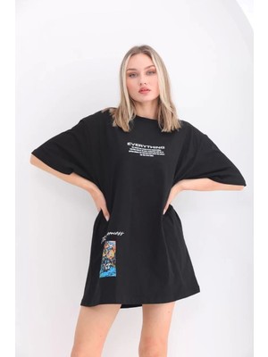 Smg Butik Unisex Bisiklet Yaka Baskılı Oversize T-Shirt - Siyah