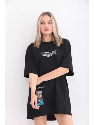 Smg Butik Unisex Bisiklet Yaka Baskılı Oversize T-Shirt - Siyah