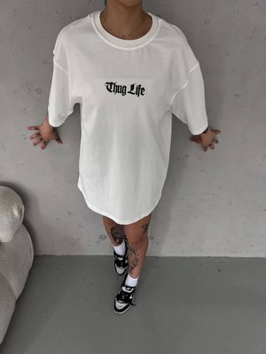 Smg Butik Unisex Bisiklet Yaka Baskılı Oversize T-Shirt - Beyaz