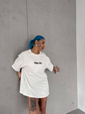 Smg Butik Unisex Bisiklet Yaka Baskılı Oversize T-Shirt - Beyaz