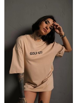 Smg Butik Kadın Sırt Baskılı Oversize T-Shirt - Bej