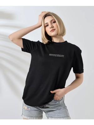 Smg Butik Unisex Bisiklet Yaka Baskılı Slim Fit T-Shirt - Siyah