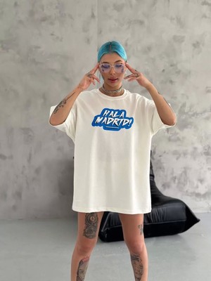 Smg Butik Unisex Bisiklet Yaka Baskılı Oversize T-Shirt - Beyaz