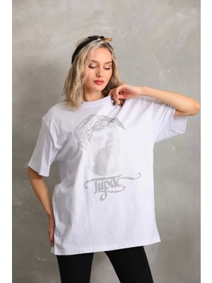 Smg Butik Unisex Taş Desenli Oversize T-Shirt - Beyaz