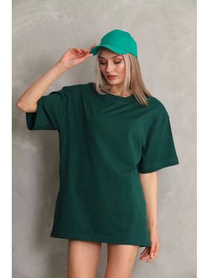 Smg Butik Unisex Bisiklet Yaka 20/1 Düz Oversize T-Shirt - Yeşil