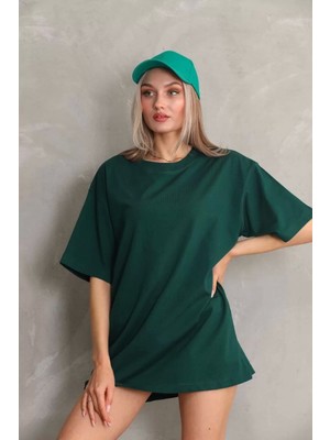 Smg Butik Unisex Bisiklet Yaka 20/1 Düz Oversize T-Shirt - Yeşil