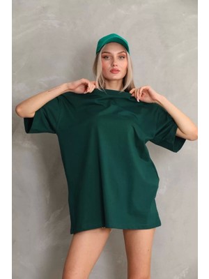 Smg Butik Unisex Bisiklet Yaka 20/1 Düz Oversize T-Shirt - Yeşil