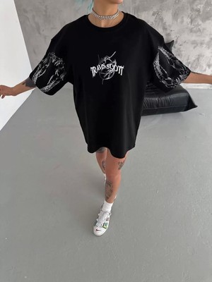 Smg Butik Unisex Bisiklet Yaka Baskılı Oversize T-Shirt - Siyah