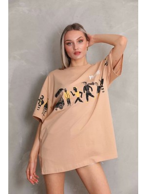 Smg Butik Unisex Bisiklet Yaka Baskılı Oversize T-Shirt - Bej