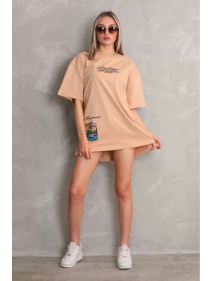 Smg Butik Unisex Bisiklet Yaka Baskılı Oversize T-Shirt - Bej