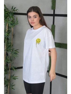 Smg Butik Unisex Bisiklet Yaka Baskılı Oversize T-Shirt - Beyaz