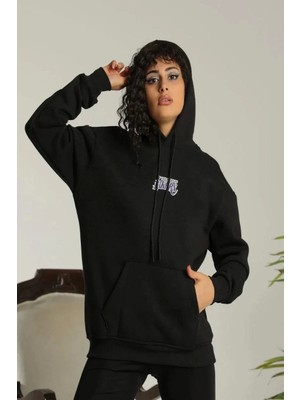 Smg Butik Kadın Baskılı Oversize Üç Iplik Kapüşonlu Sweatshirt - Siyah