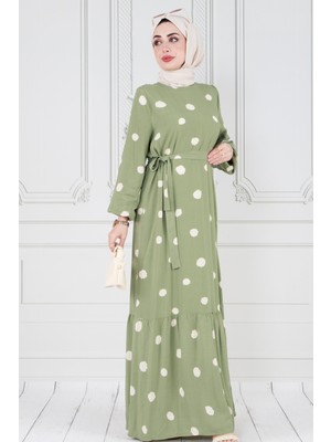 Sevitli Puantiyeli Kuşaklı Tesettür Elbise-Beyaz