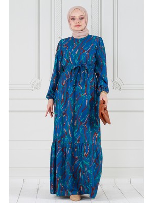 Sevitli Eteği Fırfır Beli Kuşaklı Viscon Elbise-Mavi
