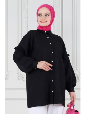 Sevitli Kolu Fırfır Detaylı Tunik-Siyah