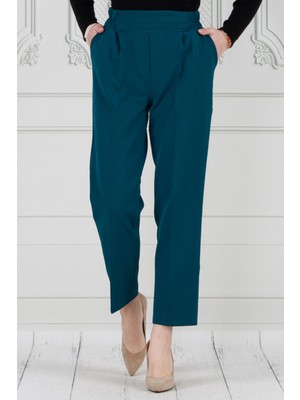 Sevitli Kemeri Kat Detaylı Dar Paça Pantolon-Petrol