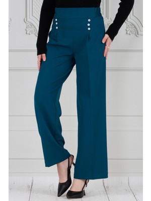 Sevitli Pile Detaylı Üç Düğmeli Pantolon-Petrol