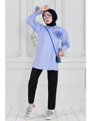 Sevitli Gül Broşlu Kolu Fırfırlı Tunik-Bebe Mavi