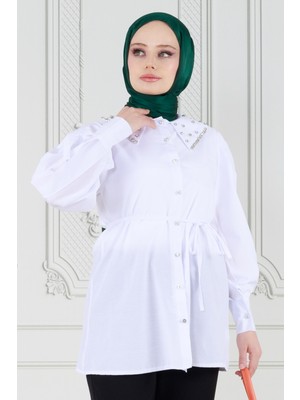 Sevitli Yakası Taş Çakım Tunik-Beyaz