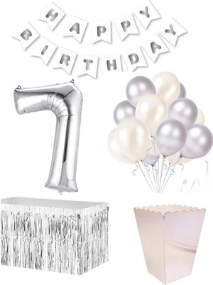 Parti Furyası 7 Yaş  Beyaz Gümüş  Balon Rakam Folyo Banner Mısır Kutusu Masa Eteği Doğum Günü Parti Seti