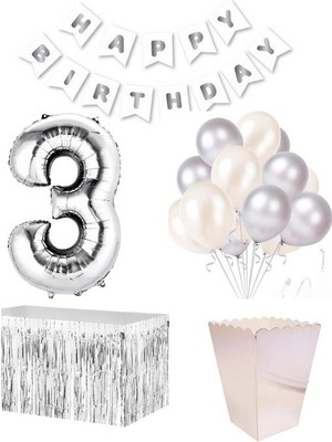 Parti Furyası 3 Yaş  Beyaz Gümüş  Balon Rakam Folyo Banner Mısır Kutusu Masa Eteği Doğum Günü Parti Seti