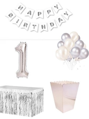 Parti Furyası 1 Yaş  Beyaz Gümüş Balon Rakam Folyo Banner Mısır Kutusu Masa Eteği Doğum Günü Parti Seti