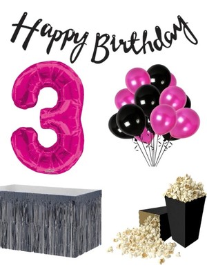 Parti Furyası 3 Yaş Pembe  Balon Rakam Folyo Banner Mısır Kutusu Masa Eteği Doğum Günü Parti Seti
