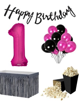 Parti Furyası 1 Yaş  Pembe  Balon Rakam Folyo Banner Mısır Kutusu Masa Eteği Doğum Günü Parti Seti