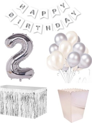 Parti Furyası 2 Yaş  Beyaz Gümüş  Balon Rakam Folyo Banner Mısır Kutusu Masa Eteği Doğum Günü Parti Seti